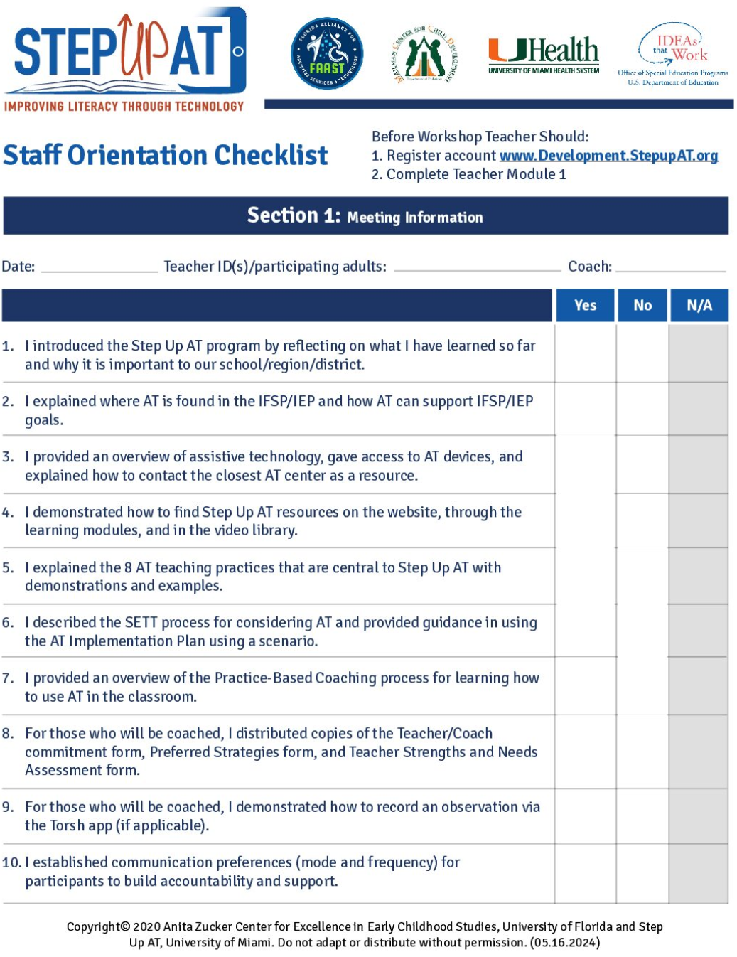 Screenshot of the Staffing Orientation Checklist Rev 07 24